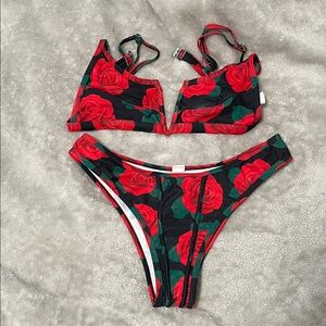 Floral Red and Black Bikini Set
